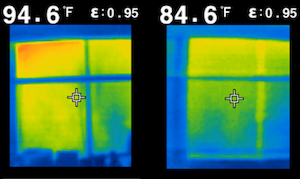 Thermal image of a window before and after installation of commercial secondary windows, showing a reduction in temperature.